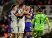 4 November 2023; Tempers flare between Ronan Coughlan of Waterford and Brendan Frahill of Cobh Ramblers during the SSE Airtricity Men's First Division Play-Off Final between Waterford and Cobh Ramblers at Turner's Cross in Cork. Photo by Michael P Ryan/Sportsfile