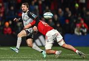 4 November 2023; Rhodri Jones of Dragons in action against Brian Gleeson of Munster during the United Rugby Championship match between Munster and Dragons at Musgrave Park in Cork. Photo by Eóin Noonan/Sportsfile