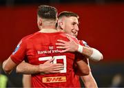 4 November 2023; Ben O'Connor of Munster, behind, celebrates with team-mate Brian Gleeson after their side's victory in the United Rugby Championship match between Munster and Dragons at Musgrave Park in Cork. Photo by Piaras Ó Mídheach/Sportsfile