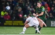 4 November 2023; Jack Carty of Connacht in action against James Hume of Ulster during the United Rugby Championship match between Connacht and Ulster at The Sportsground in Galway. Photo by Tyler Miller/Sportsfile