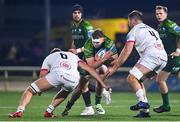 4 November 2023; Cathal Forde of Connacht is tackled by Matty Rea of Ulster, left, and Alan O'Connor during the United Rugby Championship match between Connacht and Ulster at The Sportsground in Galway. Photo by Tyler Miller/Sportsfile