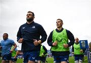 4 November 2023; Sam Prendergast and Jason Jenkins of Leinster warm up before the United Rugby Championship match between Leinster and Edinburgh at the RDS Arena in Dublin. Photo by Harry Murphy/Sportsfile