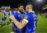 4 November 2023; Ronan Coughlan of Waterford, left, celebrates after scoring his side's first goal with teammate Giles Phillips during the SSE Airtricity Men's First Division Play-Off Final between Waterford and Cobh Ramblers at Turner's Cross in Cork. Photo by Michael P Ryan/Sportsfile