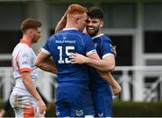 4 November 2023; Ciarán Frawley of Leinster, 15, celebrates with teammate Harry Byrne after scoring his side's third try during the United Rugby Championship match between Leinster and Edinburgh at the RDS Arena in Dublin. Photo by Harry Murphy/Sportsfile