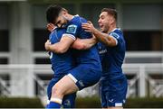 4 November 2023; Ciarán Frawley of Leinster, left, celebrates with teammates Harry Byrne and Jordan Larmour after scoring his side's third try during the United Rugby Championship match between Leinster and Edinburgh at the RDS Arena in Dublin. Photo by Harry Murphy/Sportsfile