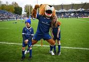 4 November 2023; Match day mascots Oran Malone, aged eight,  and Eve Curtin, aged eight, with Leo the Lion before the United Rugby Championship match between Leinster and Edinburgh at the RDS Arena in Dublin. Photo by Harry Murphy/Sportsfile