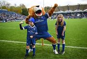 4 November 2023; Match day mascots Oran Malone, aged eight,  and Eve Curtin, aged eight, with Leo the Lion before the United Rugby Championship match between Leinster and Edinburgh at the RDS Arena in Dublin. Photo by Harry Murphy/Sportsfile