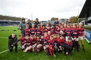 4 November 2023; The Clontarf team with Leinster players Ross Byrne, Luke McGrath and Dan Sheehan before the Bank of Ireland Half-Time Minis during the United Rugby Championship match between Leinster and Edinburgh at the RDS Arena in Dublin. Photo by Harry Murphy/Sportsfile