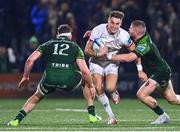 4 November 2023; Ethan McIlroy of Ulster is tackled by Cathal Forde of Connacht, left, and Diarmuid Kilgallen during the United Rugby Championship match between Connacht and Ulster at The Sportsground in Galway. Photo by Tyler Miller/Sportsfile
