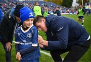 4 November 2023; Match day mascots Oran Malone, aged eight, with Dan Sheehan of Leinster before the United Rugby Championship match between Leinster and Edinburgh at the RDS Arena in Dublin. Photo by Harry Murphy/Sportsfile