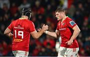 4 November 2023; Jack O'Donoghue of Munster, right, with team-mate Ruadhán Quinn during the United Rugby Championship match between Munster and Dragons at Musgrave Park in Cork. Photo by Eóin Noonan/Sportsfile
