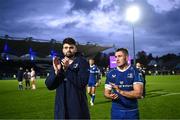 4 November 2023; Harry Byrne and Jordan Larmour of Leinster after their side's victory in the United Rugby Championship match between Leinster and Edinburgh at the RDS Arena in Dublin. Photo by Harry Murphy/Sportsfile