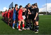 5 November 2023; Shelbourne captain Leah Donnelly leads her side in the prematch handshake with Wexford Youths players before the EA SPORTS Women’s U19 Cup Final between Wexford Youths and Shelbourne at Athlone Town Stadium in Westmeath. Photo by Seb Daly/Sportsfile