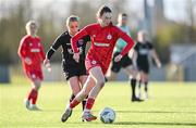 5 November 2023; Hannah Healy of Shelbourne in action against Mia Lenihan of Wexford Youths during the EA SPORTS Women’s U19 Cup Final between Wexford Youths and Shelbourne at Athlone Town Stadium in Westmeath. Photo by Seb Daly/Sportsfile