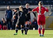 5 November 2023; Mia Lenihan of Wexford Youths, centre, celebrates with teammate Ellen Molloy, 7, after scoring their side's second goal during the EA SPORTS Women’s U19 Cup Final between Wexford Youths and Shelbourne at Athlone Town Stadium in Westmeath. Photo by Seb Daly/Sportsfile