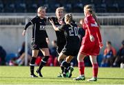 5 November 2023; Mia Lenihan of Wexford Youths, left, celebrates with teammates Ellen Molloy, centre, and Aine Walsh, 20, after scoring their side's second goal during the EA SPORTS Women’s U19 Cup Final between Wexford Youths and Shelbourne at Athlone Town Stadium in Westmeath. Photo by Seb Daly/Sportsfile