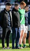 5 November 2023; Moycullen player Seán Kelly, left, Moycullen manager Don Connellan and Peter Cooke of Moycullen stand for a minute silnce before the Galway County Senior Club Football Championship final match between Corofin and Moycullen at Pearse Stadium in Galway. Photo by Harry Murphy/Sportsfile