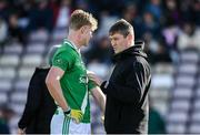 5 November 2023; Moycullen manager Don Connellan speaks to James McLoughlin of Moycullen before the Galway County Senior Club Football Championship final match between Corofin and Moycullen at Pearse Stadium in Galway. Photo by Harry Murphy/Sportsfile
