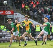 5 November 2023; Peter Cooke of Moycullen, right, kicks a point during the Galway County Senior Club Football Championship final match between Corofin and Moycullen at Pearse Stadium in Galway. Photo by Harry Murphy/Sportsfile