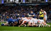 4 November 2023; A general view of a scrum during the United Rugby Championship match between Leinster and Edinburgh at the RDS Arena in Dublin. Photo by Sam Barnes/Sportsfile