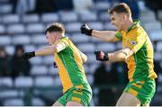 5 November 2023; Tony Gill of Corofin celebrates alongside teammate Dylan McHugh after scoring his side's first goal during the Galway County Senior Club Football Championship final match between Corofin and Moycullen at Pearse Stadium in Galway. Photo by Harry Murphy/Sportsfile
