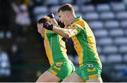 5 November 2023; Dylan McHugh of Corofin, right, celebrates after teammate Tony Gill scored their side's first goal during the Galway County Senior Club Football Championship final match between Corofin and Moycullen at Pearse Stadium in Galway. Photo by Harry Murphy/Sportsfile