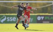 5 November 2023; Meabh Russell of Wexford Youths in action against Rebecca Devereux of Shelbourne during the EA SPORTS Women’s U19 Cup Final between Wexford Youths and Shelbourne at Athlone Town Stadium in Westmeath. Photo by Seb Daly/Sportsfile