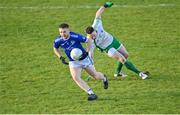 5 November 2023; Oisin Hogan of St Loman's Mullingar in action against Mickey Quinn of Killoe Young Emmetts during the AIB Leinster GAA Football Senior Club Championship quarter-final match between Killoe Young Emmets and St Loman's Mullingar at Glennon Brothers Pearse Park in Longford. Photo by Stephen Marken/Sportsfile