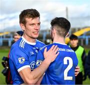 5 November 2023; John Heslin, left, and Eoghan Hogan of St Loman's Mullingar after their side's victory in the AIB Leinster GAA Football Senior Club Championship quarter-final match between Killoe Young Emmets and St Loman's Mullingar at Glennon Brothers Pearse Park in Longford. Photo by Stephen Marken/Sportsfile
