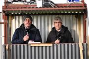 5 November 2023; Killian Whelan, left, and Johnny Doyle on commentary duty at the AIB Leinster GAA Football Senior Club Championship quarter-final match between Naas and Summerhill at Manguard Park in Kildare. Photo by Piaras Ó Mídheach/Sportsfile