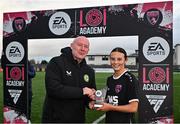 5 November 2023; Republic of Ireland women's U19 manager Dave Connell presents the Player of the Match award to Jess Lawler of Wexford Youths after the EA SPORTS Women’s U19 Cup Final between Wexford Youths and Shelbourne at Athlone Town Stadium in Westmeath. Photo by Seb Daly/Sportsfile