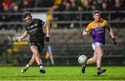 5 November 2023; Sean Og McCusker of Kilcoo shoots at goal during the AIB Ulster GAA Football Senior Club Championship round 1 match between Derrygonnelly Harps of Fermanagh and Kilcoo of Down at Brewster Park in Enniskillen, Fermanagh. Photo by Ramsey Cardy/Sportsfile