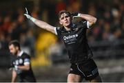 5 November 2023; Sean Og McCusker of Kilcoo celebrates after scoring his side's second goal during the AIB Ulster GAA Football Senior Club Championship round 1 match between Derrygonnelly Harps of Fermanagh and Kilcoo of Down at Brewster Park in Enniskillen, Fermanagh. Photo by Ramsey Cardy/Sportsfile