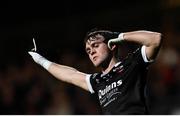 5 November 2023; Sean Og McCusker of Kilcoo celebrates after scoring his side's second goal during the AIB Ulster GAA Football Senior Club Championship round 1 match between Derrygonnelly Harps of Fermanagh and Kilcoo of Down at Brewster Park in Enniskillen, Fermanagh. Photo by Ramsey Cardy/Sportsfile