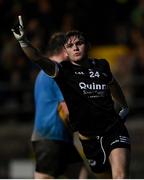 5 November 2023; Sean Og McCusker of Kilcoo celebrates after scoring his side's second goal during the AIB Ulster GAA Football Senior Club Championship round 1 match between Derrygonnelly Harps of Fermanagh and Kilcoo of Down at Brewster Park in Enniskillen, Fermanagh. Photo by Ramsey Cardy/Sportsfile