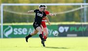 5 November 2023; Meabh Russell of Wexford Youths in action against Rebecca Devereux of Shelbourne during the EA SPORTS Women’s U19 Cup Final between Wexford Youths and Shelbourne at Athlone Town Stadium in Westmeath. Photo by Seb Daly/Sportsfile