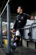 6 November 2023; Injured Bohemians captain Keith Buckley is interviewed by RTÉ during a Bohemians media day, at Dalymount Park in Dublin, ahead of the Sports Direct FAI Cup Final. Photo by Stephen McCarthy/Sportsfile