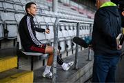 6 November 2023; Injured Bohemians captain Keith Buckley is interviewed by RTÉ during a Bohemians media day, at Dalymount Park in Dublin, ahead of the Sports Direct FAI Cup Final. Photo by Stephen McCarthy/Sportsfile