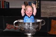 6 November 2023; Rían Whelan, aged 1, with the Sam Maguire Cup during the launch of A Season of Sundays 2023 at The Croke Park Hotel in Dublin. Photo by Piaras Ó Mídheach/Sportsfile