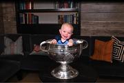 6 November 2023; Rían Whelan, aged 1, with the Sam Maguire Cup during the launch of A Season of Sundays 2023 at The Croke Park Hotel in Dublin. Photo by Piaras Ó Mídheach/Sportsfile