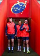 7 November 2023; Players, from left, Tadhg Beirne, Simon Zebo and Conor Murray make their way to the pitch for a Munster rugby squad training session at Thomond Park in Limerick. Photo by Eóin Noonan/Sportsfile