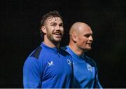 7 November 2023; Caelan Doris, left, and Rhys Ruddock during a Leinster rugby open training session at Dublin University Football Club in Trinity College, Dublin. Photo by David Fitzgerald/Sportsfile