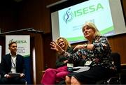 8 November 2023; SETU Lecturer Annalouise Muldoon and Marie O'Connor in conversation with MC Joe O'Connor today at the launch of ISESA, the Irish Sport and Exercise Sciences Association at the Sport Ireland Conference Centre in Dublin. Photo by Harry Murphy/Sportsfile