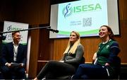 8 November 2023; Paralympian Ellen Keane and Sport Ireland Institute head of physiology Ciara Sinnott-O'Connor in conversation with MC Joe O'Connor today at the launch of ISESA, the Irish Sport and Exercise Sciences Association at the Sport Ireland Conference Centre in Dublin. Photo by Harry Murphy/Sportsfile