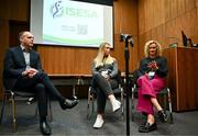 8 November 2023; Interim Chair Dr Tom Comyns, Sport Ireland Institute head of physiology Ciara Sinnott-O'Connor and SETU Lecturer Annalouise Muldoon during a Q&A at the launch of ISESA, the Irish Sport and Exercise Sciences Association at the Sport Ireland Conference Centre in Dublin. Photo by Harry Murphy/Sportsfile