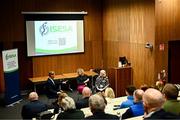 8 November 2023; SETU Lecturer Annalouise Muldoon and Marie O'Connor in conversation with MC Joe O'Connor today at the launch of ISESA, the Irish Sport and Exercise Sciences Association at the Sport Ireland Conference Centre in Dublin. Photo by Harry Murphy/Sportsfile