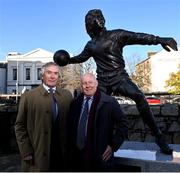 8 November 2023; Former Northern Ireland, Arsenal and Spurs goalkeeper Pat Jennings and former Arsenal and Republic of Ireland player Liam Brady in attendance at the unveiling of the Pat Jennings statue at Kildare Street in Newry, Down. Photo by David Fitzgerald/Sportsfile