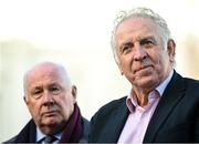 8 November 2023; Former Northern Ireland player Gerry Armstrong, right, and Former Arsenal and Republic of Ireland player Liam Brady in attendance at the unveiling of the Pat Jennings statue at Kildare Street in Newry, Down. Photo by David Fitzgerald/Sportsfile