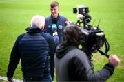 8 November 2023; Chris Forrester speaks to RTÉ's Tony O'Donoghue during a St Patrick's Athletic media day, at Richmond Park in Dublin, ahead of the Sports Direct FAI Cup Final. Photo by Stephen McCarthy/Sportsfile
