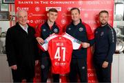 9 November 2023; Mason Melia of St Patrick's Athletic poses with, from left, chairman Garrett Kelleher, manager Jon Daly and director of football Ger O'Brien after signing his first professional contract, a three year deal, at Richmond Park in Dublin. Photo by Stephen McCarthy/Sportsfile